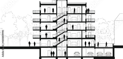 Architectural cross section drawing of a modern multi story residential building with detailed interior and exterior elements
