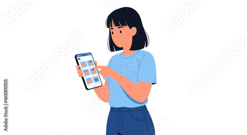 Woman scrolls through phone interface featuring product images in an application for ecommerce or social media, searching for items to purchase