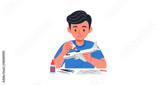 Dedicated hobbyist meticulously assembling a model airplane with precision and care, showcasing dedication and craftmanship in a leisure activity