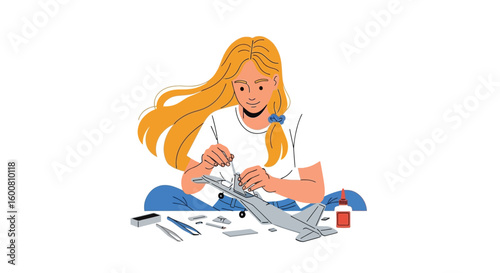 Enthusiastic hobbyist constructing a model aircraft at home filled with creative passion and precision focus showcasing intricate details and