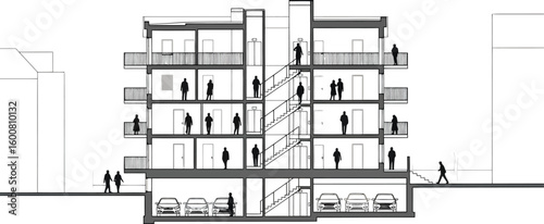 Architectural cross section drawing of a modern residential building with balconies apartments and underground parking