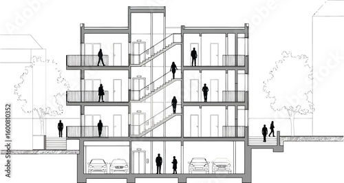 Architectural cross section drawing of a modern multi story building with people on balconies and stairs