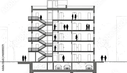 Architectural cross section of a multi story building showcasing interior spaces and exterior fire escape stairs with people