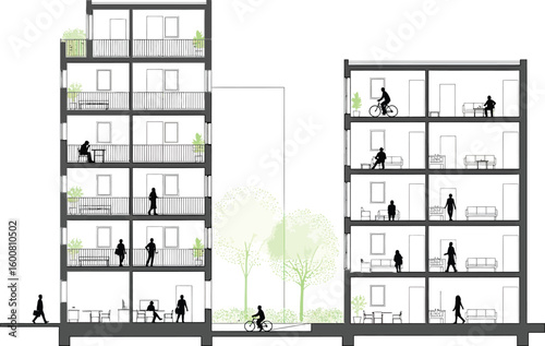 Architectural cross section of modern multi story residential buildings with human figures illustrating daily life activities