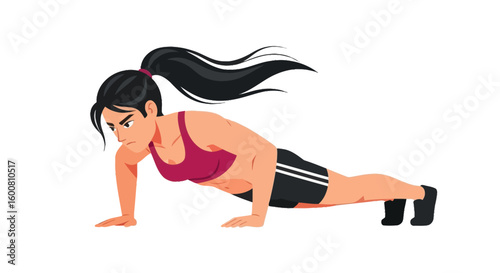 Focused Female Athlete Demonstrating Push-Up Exercise with Determination and Strength, Sporting a Red Top and Black Shorts