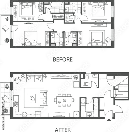 Visual comparison of a home renovation showing a before and after floor plan layout transformation