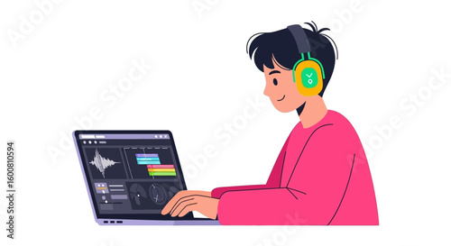 Boy creating multimedia audio using editing software on a modern laptop device, headphones on for focused sound enhancement