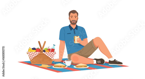 Leisurely outdoor picnic featuring a man enjoying a meal in a peaceful setting on a blanket, showcasing the simple joys of summertime relaxation in