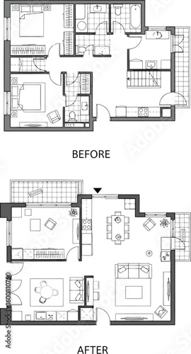 Architectural floor plan comparison showing a before and after renovation of a modern apartment layout