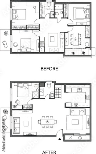 Renovated open concept floor plan showing a modern kitchen and living area before and after renovation