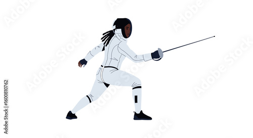 Female fencer in full protective gear poised for action during a fencing match, demonstrating athleticism and precision in the sport of fencing