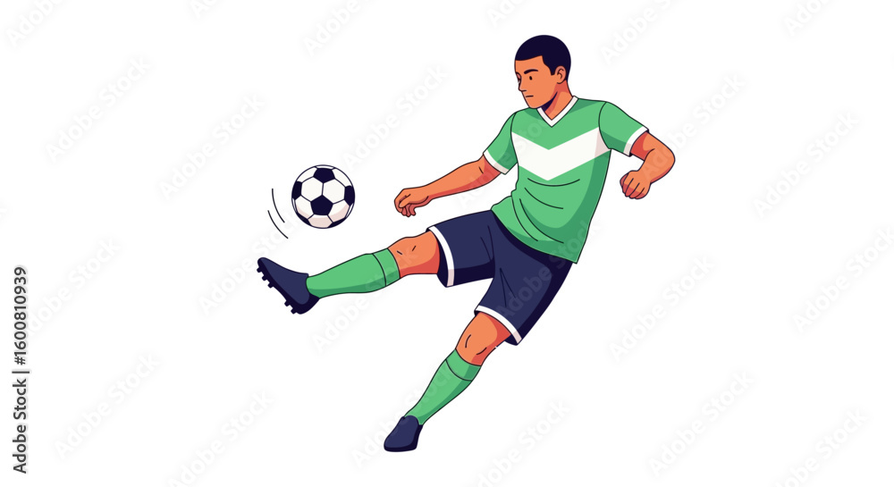 Dynamic illustration showcasing a focused soccer player kicking a ball with energy and precision, set against a clean white background for a graphic Dynamic illustration showcasing a focused soccer player kicking a ball with energy and precision, set against a clean white background for a graphic