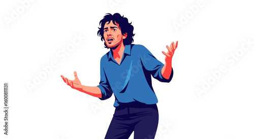 Expressive Man in Disbelief with Open Hands and Anguished Face against a Plain Backdrop