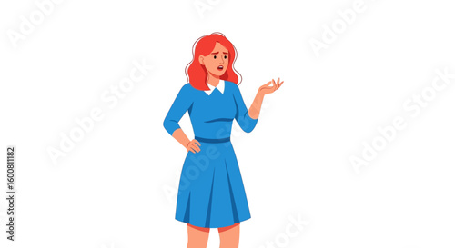 Concerned redhead woman in blue dress gestures, conveying surprise or mild disbelief, set against a clean, minimalist white background, emphasizing