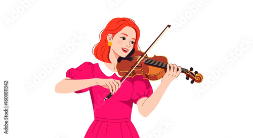 Graceful musician performing on violin with artistic style and passionate expression isolated against white background