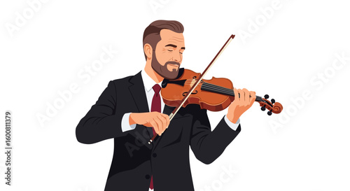 Bearded man in elegant suit masterfully plays the violin with passion and dedication filling the air with harmonious music and inspiring feelings