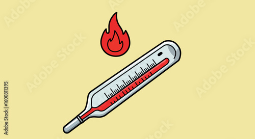 Digital cartoon thermometer with fire symbol on yellow background