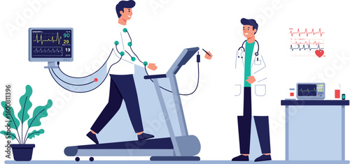 Doctor conducting stress test on patient walking on treadmill in modern clinic
