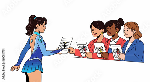 Ice skater distributing performance evaluations to judges, showcasing the blend of athleticism and artistic assessment in competitive figure skating