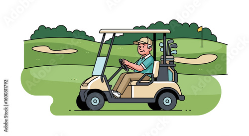 Illustration showcasing a golfer driving a golf cart across a verdant course with rolling hills and bunkers under a clear sky offering a serene