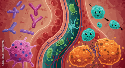 Cute cartoon immune cells in action: antibodies and bacteria battle inside the body