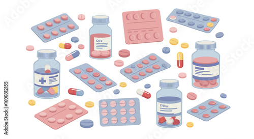 Colorful collection of medications and pills in a modern isometric style