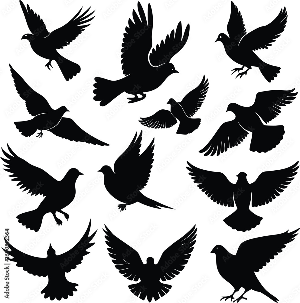 Obraz premium A vector set of flying bird silhouettes, including eagles, doves, and hawks, perfect for animal illustration, design, or tattoo