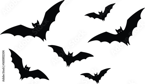 Black Silhouette of a Group of Bats Flying on a White Background