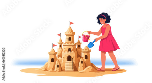 Girl's coastal creation: Building sandcastle dreams at the beach in summer fun with flags atop sandy towers near the shimmering ocean waves