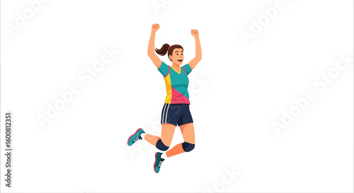 Dynamic depiction of a female athlete celebrating a triumphant moment during a sports game expressing joy and success demonstrating agility and