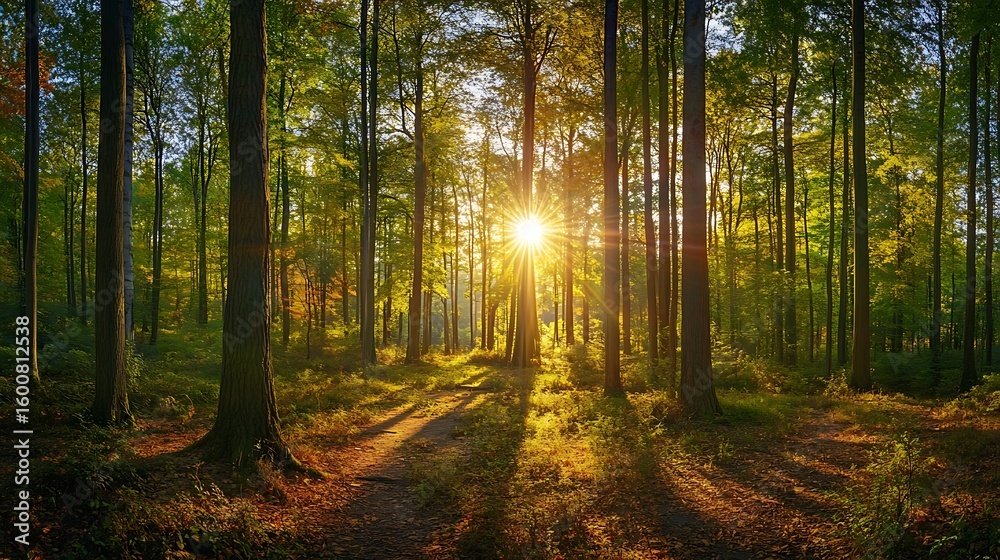 Obraz premium Walking Path Through Forest at Sunset with Sunlight Shining Through Trees