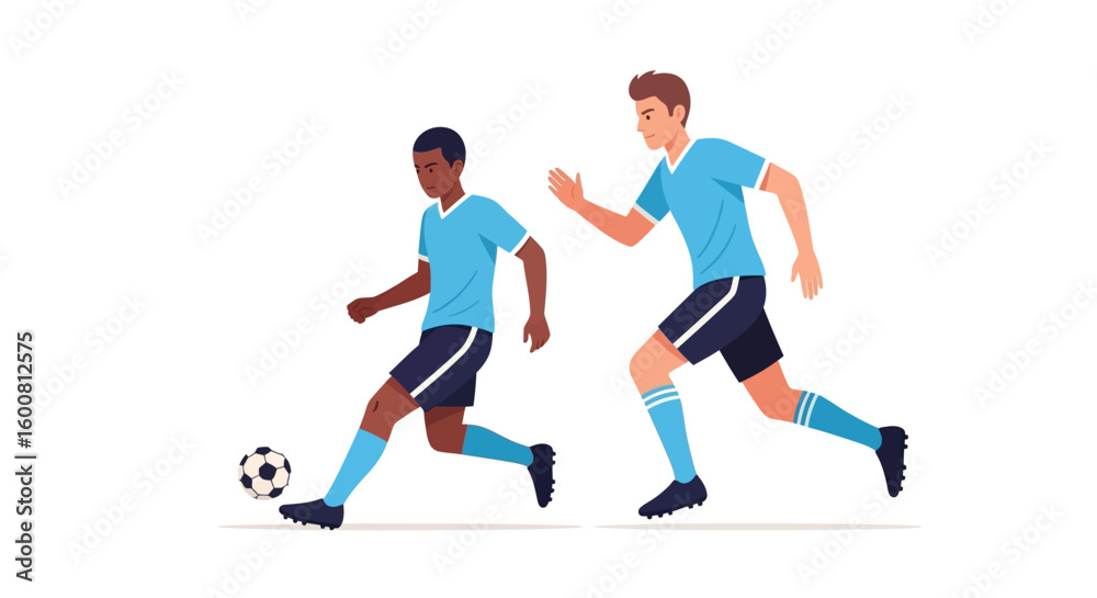 Obraz premium Energetic soccer duo showcasing speed and skill during a dynamic match, with a focus on teamwork and athleticism in a vibrant sporty setting