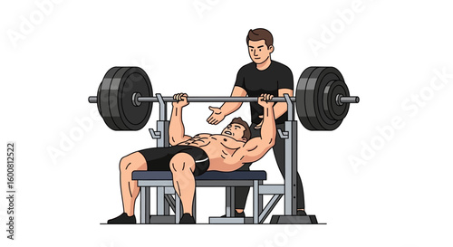 Illustrated scene showing weightlifting session with a muscular man performing bench press and his trainer carefully spotting him ensuring proper