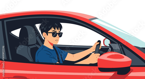 Stylish driver behind the wheel: A poised individual in a vibrant red car enjoying a serene ride with sunglasses on a sunny road