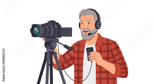Professional Videographer Setting Up Camera Equipment for a Broadcast or Interview Session