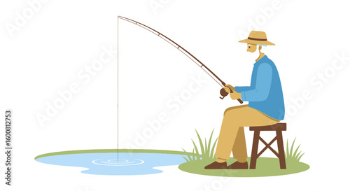 Serene angling activity: An elderly man enjoying recreational fishing by the tranquil waterside, symbolizing peaceful retirement and connection with