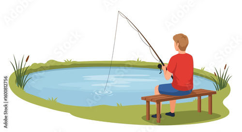 Man enjoying a peaceful day fishing by a serene pond, surrounded by nature on a rustic bench angling