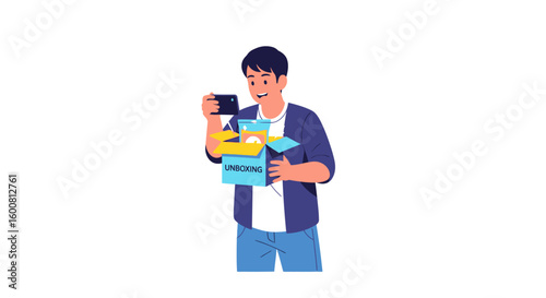 Joyful unboxing experience, capturing new purchase with mobile device for social media sharing and modern lifestyle connection