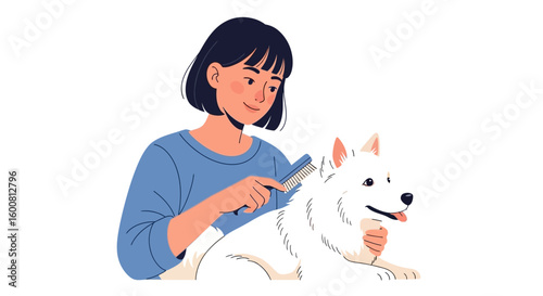 Loving owner brushing her cute fluffy white dog in a flat vector illustration showcasing the bond between pet and owner in a tender moment