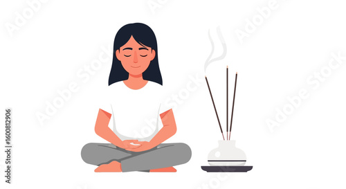 Serene meditation moment: Woman in lotus position with incense promoting relaxation and mindful practice fostering inner peace through aromatherapy
