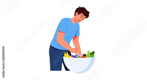 Man preparing a healthy salad with fresh fruits and vegetables, promoting wellness and nutrition through balanced diet and lifestyle choices
