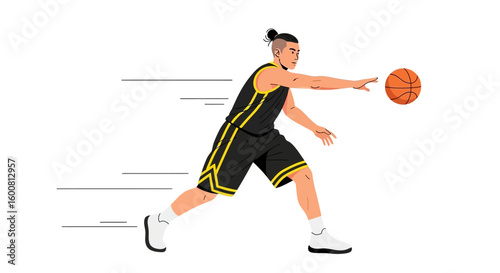 Dynamic basketball player with exceptional speed and agility demonstrates precise ball control with skillful passing