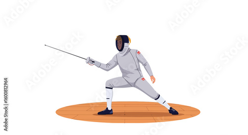Fencer poised in action, ready to strike with a foil during a competitive match scene portraying dedication and precision in a dynamic sporting event