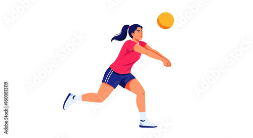 Dynamic female athlete executing a volleyball forearm pass with focus and determination, embodying strength and agility on a pristine white