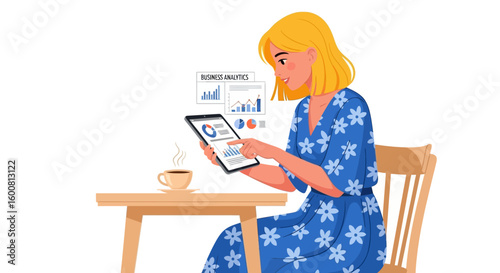 Blonde woman analyzing business data on a tablet with a coffee in a bright setting at home promoting work flexibility and data driven decisions