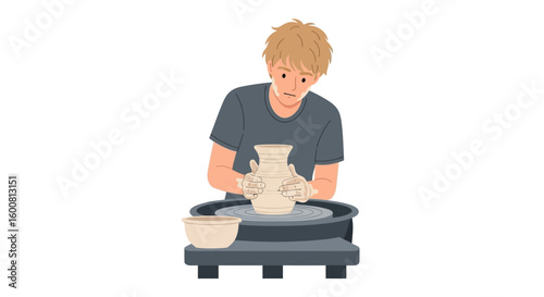 Focused craftsman shaping clay on pottery wheel with creative passion and artistic expression shaping a beautiful ceramic piece with dedicated
