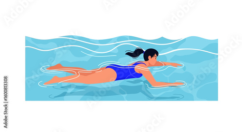 Illustration of a young woman swimming freestyle in a serene blue pool, evoking summer relaxation and aquatic exercise with gentle ripples and clear
