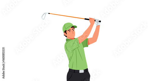 A golfer executing a swing with power and precision under the bright sky delivering focused sports and determination with his green outfit to