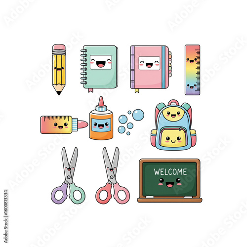 Cute kawaii-style featuring school supplies with smiling faces: pencil, notebook, ruler, glue, backpack, scissors, and chalkboard. Rounded shapes, pastel colors, thick outlines.