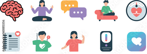 Brain meditation chat heart health and data icons human brain cerebrum
